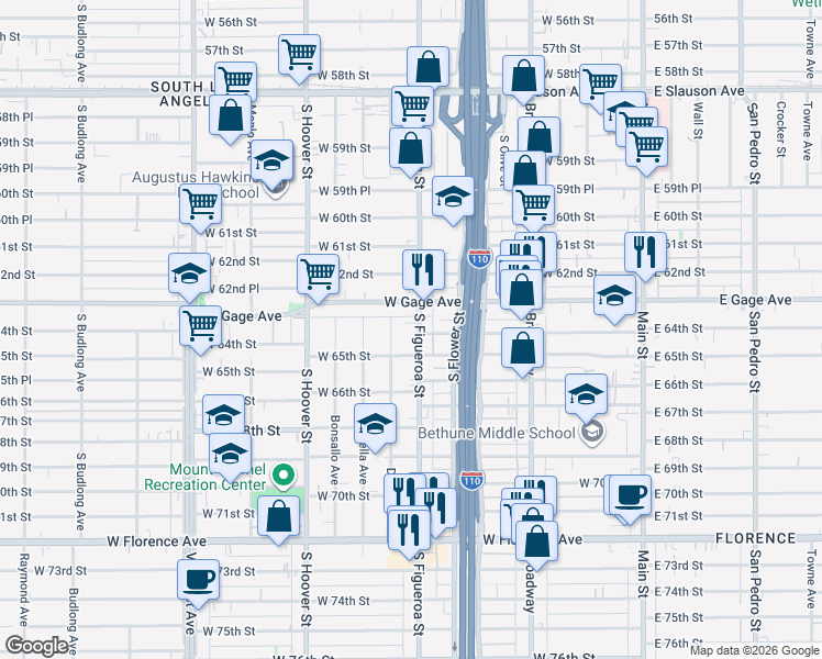 map of restaurants, bars, coffee shops, grocery stores, and more near 6325 South Figueroa Street in Los Angeles
