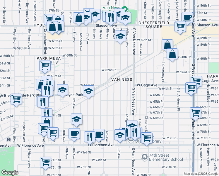 map of restaurants, bars, coffee shops, grocery stores, and more near 6518 4th Avenue in Los Angeles