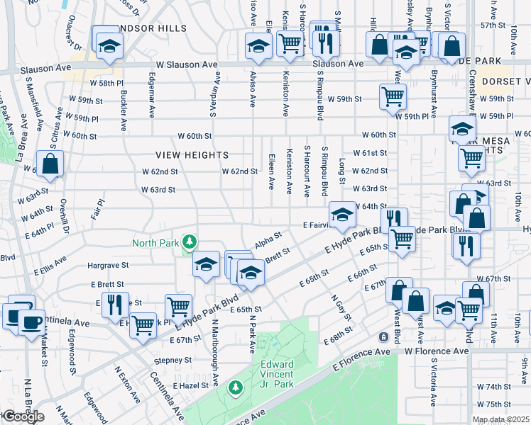 map of restaurants, bars, coffee shops, grocery stores, and more near 3932 West 64th Street in Inglewood