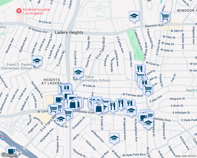 map of restaurants, bars, coffee shops, grocery stores, and more near 424 West 64th Street in Inglewood