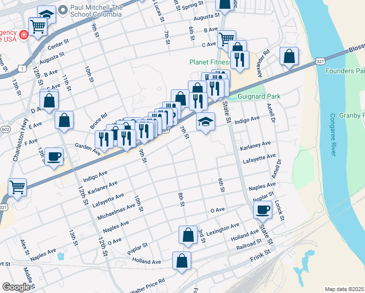map of restaurants, bars, coffee shops, grocery stores, and more near 723 Jansen Avenue in Cayce