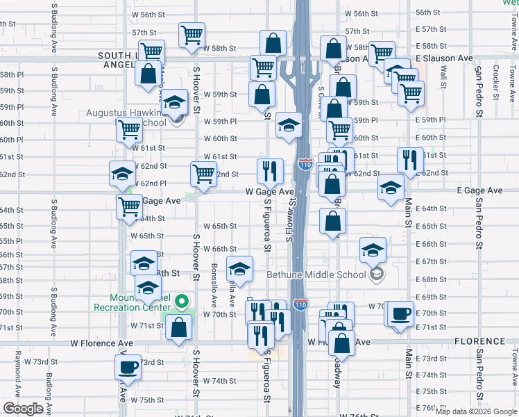 map of restaurants, bars, coffee shops, grocery stores, and more near 6325 South Figueroa Street in Los Angeles