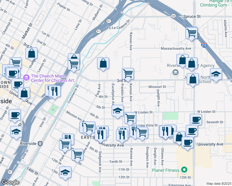 map of restaurants, bars, coffee shops, grocery stores, and more near 3409 Eucalyptus Avenue in Riverside