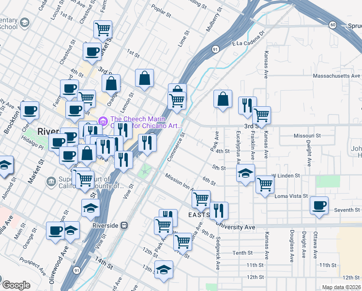 map of restaurants, bars, coffee shops, grocery stores, and more near 3008 5th Street in Riverside
