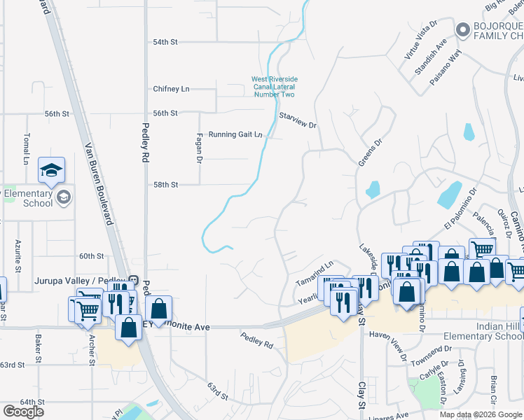 map of restaurants, bars, coffee shops, grocery stores, and more near 5909 Baldwin Avenue in Riverside