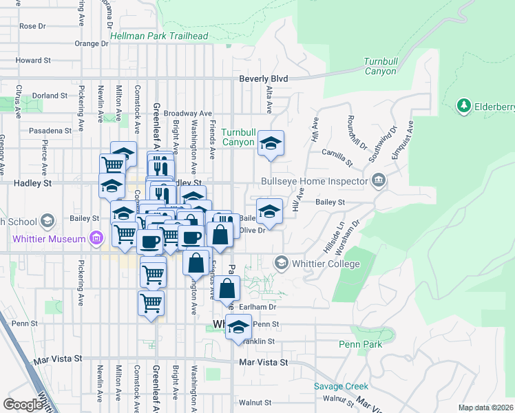 map of restaurants, bars, coffee shops, grocery stores, and more near 13459 Bailey Street in Whittier