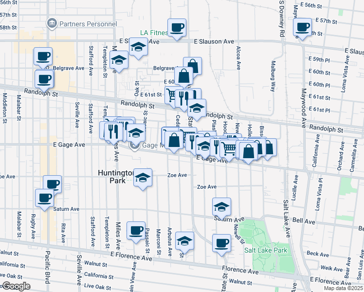 map of restaurants, bars, coffee shops, grocery stores, and more near 3065 East Gage Avenue in Huntington Park