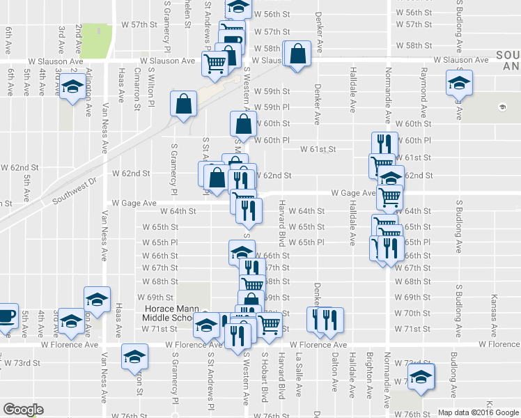 map of restaurants, bars, coffee shops, grocery stores, and more near 1733 West 65th Street in Los Angeles