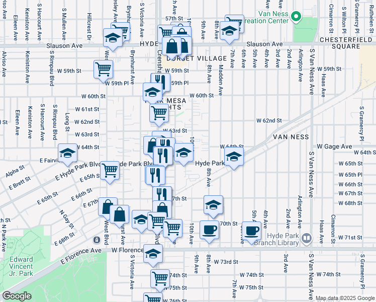 map of restaurants, bars, coffee shops, grocery stores, and more near 6428 11th Avenue in Los Angeles