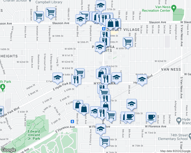 map of restaurants, bars, coffee shops, grocery stores, and more near 3429 Hyde Park Boulevard in Los Angeles