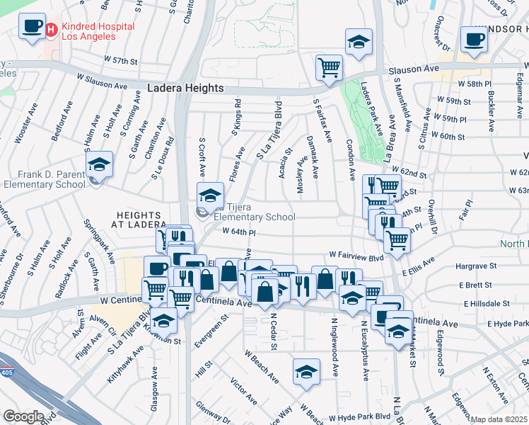 map of restaurants, bars, coffee shops, grocery stores, and more near 424 West 64th Street in Inglewood