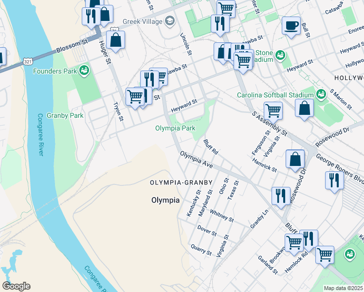 map of restaurants, bars, coffee shops, grocery stores, and more near 299 Delaware Street in Columbia