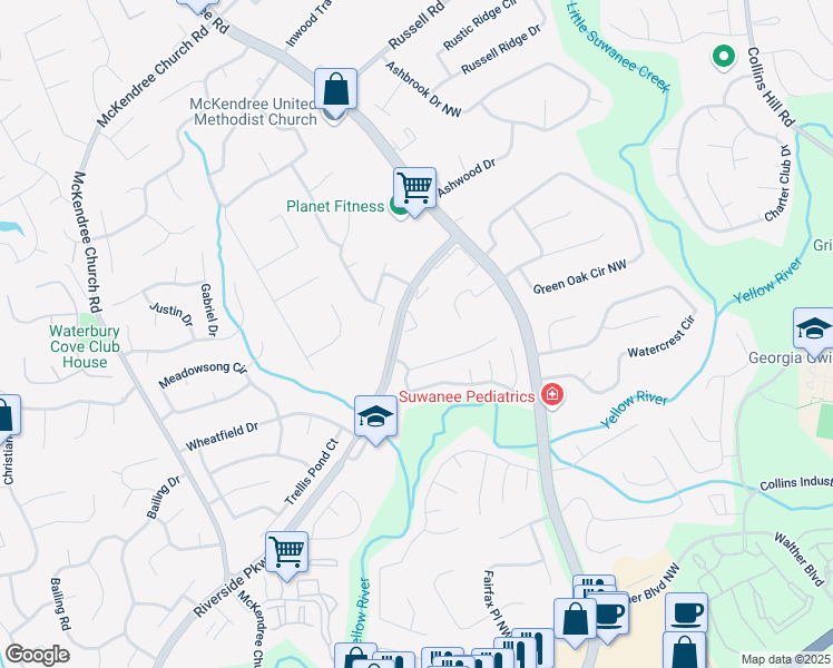 map of restaurants, bars, coffee shops, grocery stores, and more near 602 Birch River Lane in Lawrenceville