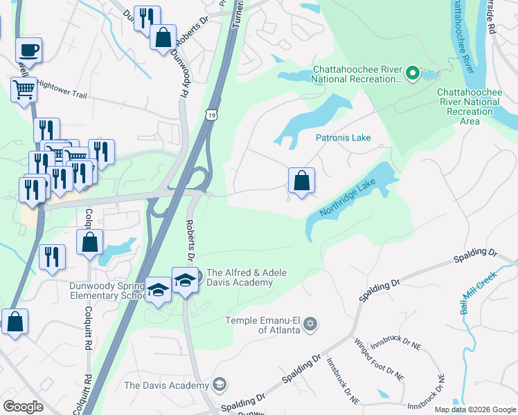 map of restaurants, bars, coffee shops, grocery stores, and more near 1550 Sunnybrook Farm Road in Atlanta