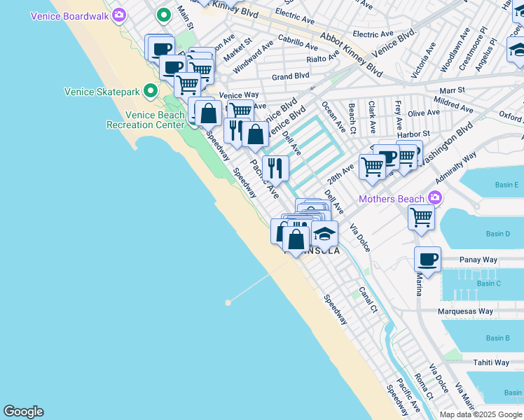 map of restaurants, bars, coffee shops, grocery stores, and more near 2705 Ocean Front Walk in Los Angeles