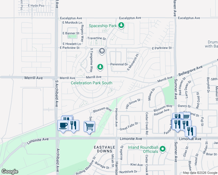map of restaurants, bars, coffee shops, grocery stores, and more near 3105 East Discovery Street in Ontario