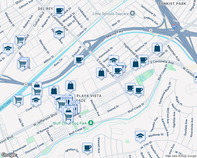 map of restaurants, bars, coffee shops, grocery stores, and more near 12456 Beatrice Street in Los Angeles