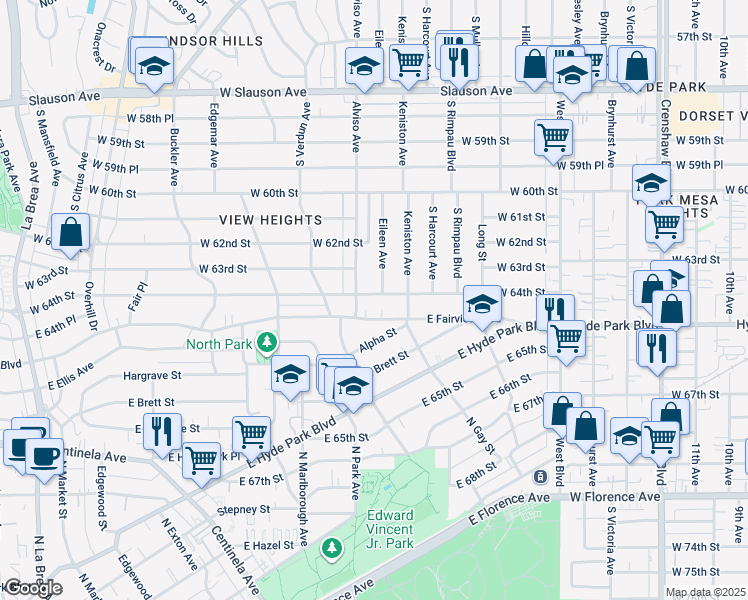map of restaurants, bars, coffee shops, grocery stores, and more near 3932 West 64th Street in Inglewood