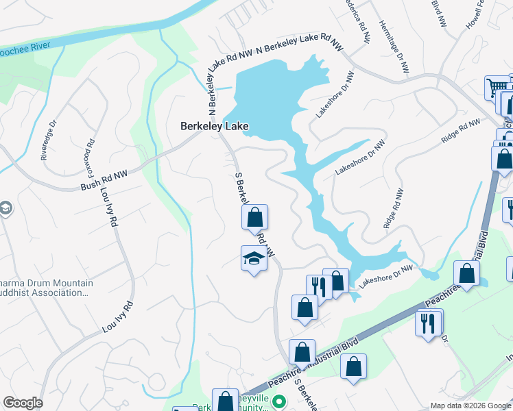 map of restaurants, bars, coffee shops, grocery stores, and more near 4195 South Berkeley Lake Road Northwest in Duluth