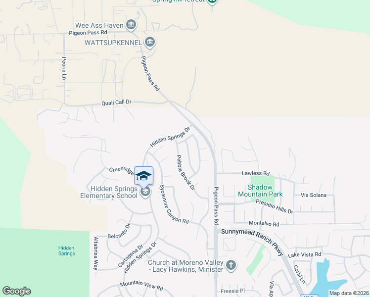map of restaurants, bars, coffee shops, grocery stores, and more near 9615 Ripplecreek Drive in Moreno Valley