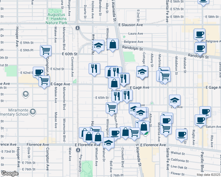 map of restaurants, bars, coffee shops, grocery stores, and more near 6401-6499 Wilmington Avenue in Los Angeles