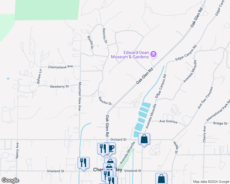 map of restaurants, bars, coffee shops, grocery stores, and more near 9575 Oak Glen Road in Cherry Valley