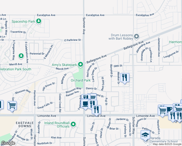 map of restaurants, bars, coffee shops, grocery stores, and more near 5905 Larry Dean Street in Corona