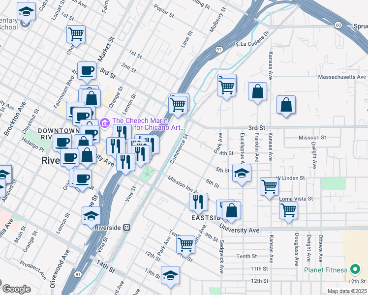 map of restaurants, bars, coffee shops, grocery stores, and more near 3496 Commerce Street in Riverside