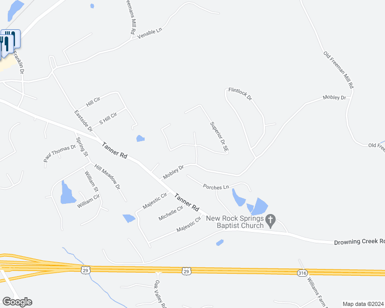 map of restaurants, bars, coffee shops, grocery stores, and more near 830 Rutherford Drive in Dacula