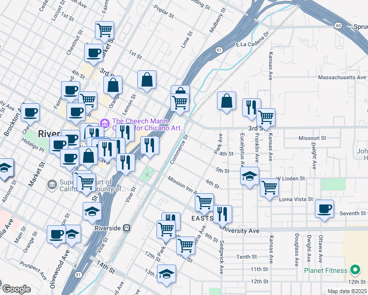 map of restaurants, bars, coffee shops, grocery stores, and more near 3496 Commerce Street in Riverside