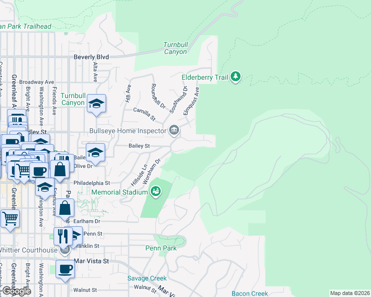 map of restaurants, bars, coffee shops, grocery stores, and more near 6706 Worsham Drive in Whittier