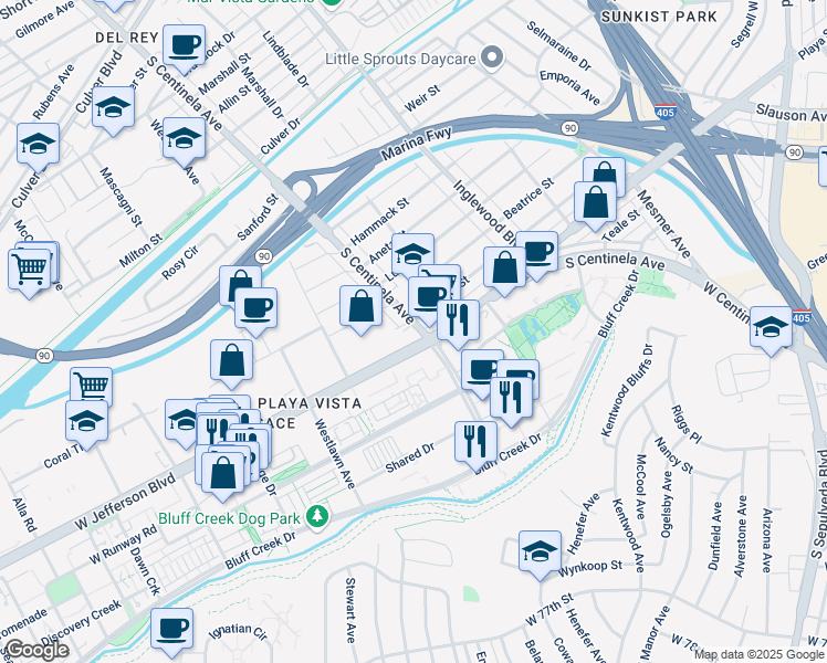 map of restaurants, bars, coffee shops, grocery stores, and more near 12401 West Jefferson Boulevard in Los Angeles