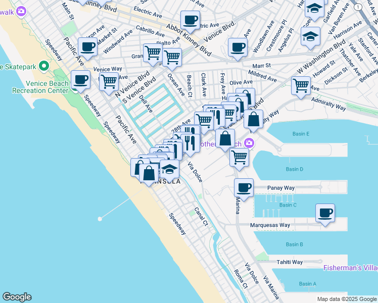 map of restaurants, bars, coffee shops, grocery stores, and more near 4041 Vía Marina in Marina del Rey