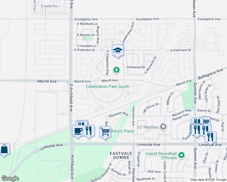 map of restaurants, bars, coffee shops, grocery stores, and more near 5053 South Heritage Paseo in Ontario