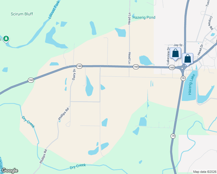 map of restaurants, bars, coffee shops, grocery stores, and more near 16978 Alabama 160 in Cleveland