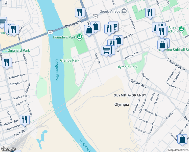 map of restaurants, bars, coffee shops, grocery stores, and more near 111R Williams Street in Columbia