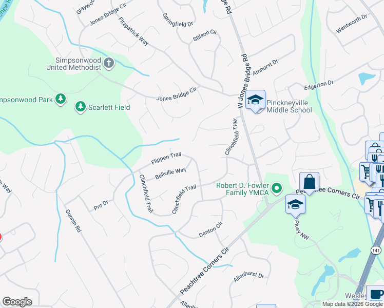 map of restaurants, bars, coffee shops, grocery stores, and more near 4111 Flippen Trail in Norcross