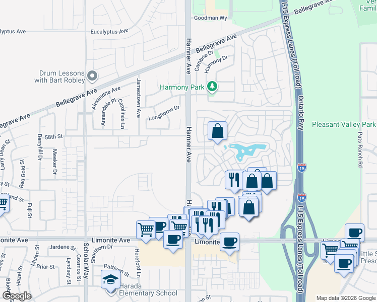 map of restaurants, bars, coffee shops, grocery stores, and more near 6001 Hamner Avenue in Eastvale