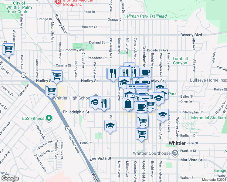 map of restaurants, bars, coffee shops, grocery stores, and more near 6538 Pickering Avenue in Whittier