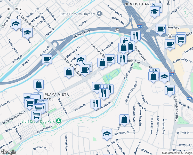 map of restaurants, bars, coffee shops, grocery stores, and more near 12109 West Waterfront Drive in Los Angeles
