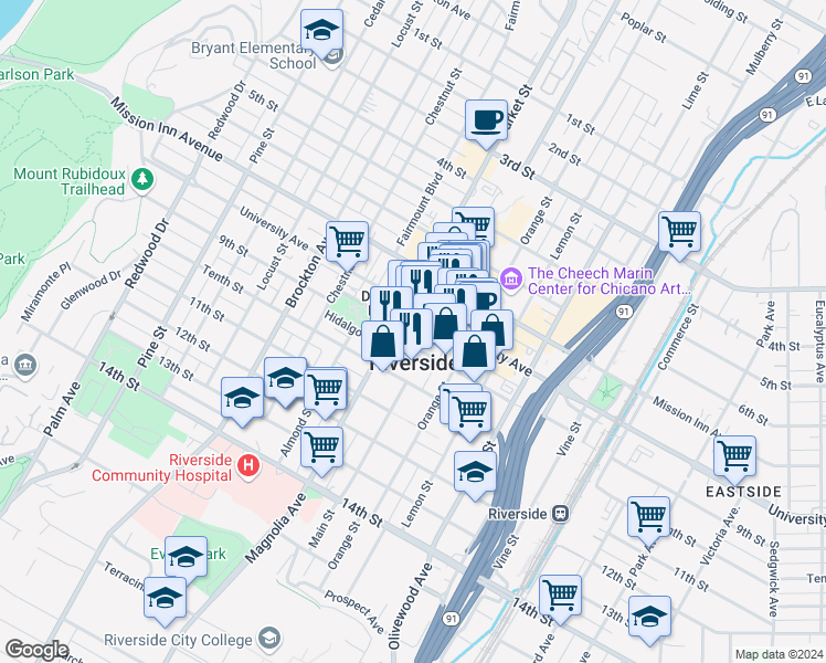 map of restaurants, bars, coffee shops, grocery stores, and more near 3750 University Avenue in Riverside