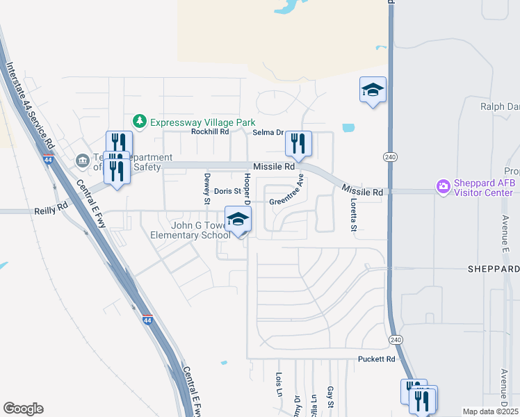 map of restaurants, bars, coffee shops, grocery stores, and more near 5316 Pebblestone Drive in Wichita Falls