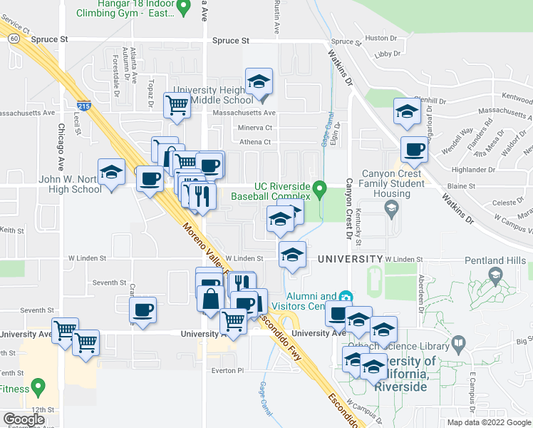 map of restaurants, bars, coffee shops, grocery stores, and more near 3411 Rustin Avenue in Riverside