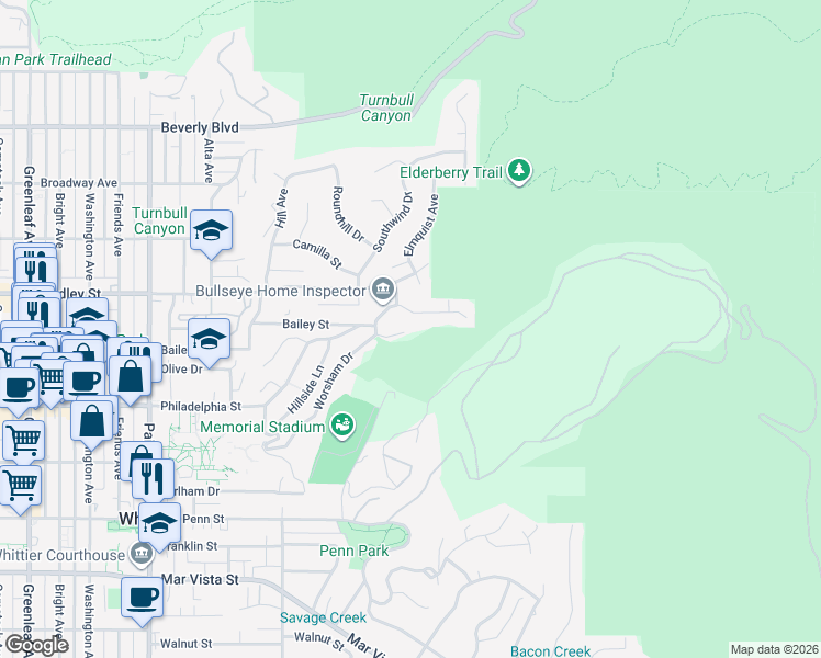 map of restaurants, bars, coffee shops, grocery stores, and more near 6706 Worsham Drive in Whittier