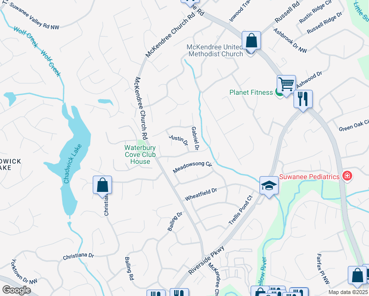 map of restaurants, bars, coffee shops, grocery stores, and more near 1414 Justin Drive in Lawrenceville