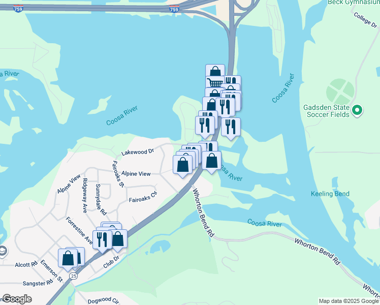 map of restaurants, bars, coffee shops, grocery stores, and more near 1701 Rainbow Drive in Gadsden