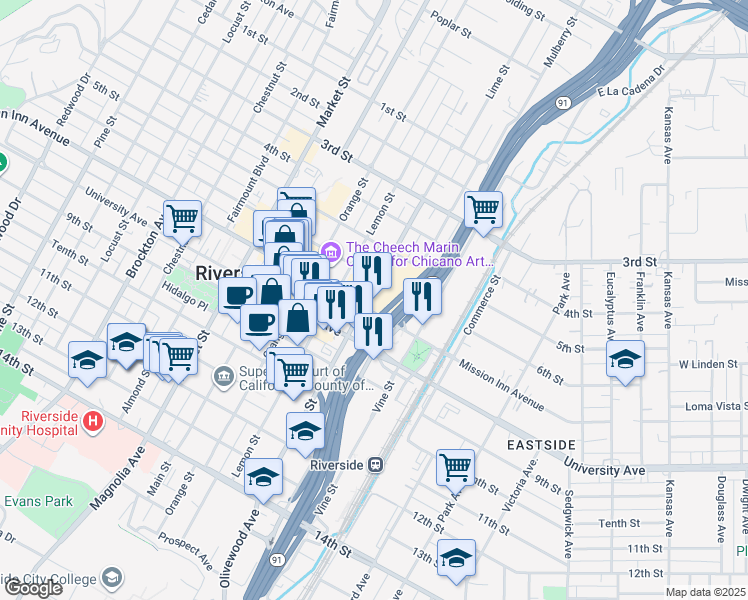 map of restaurants, bars, coffee shops, grocery stores, and more near 3391 Seventh Street in Riverside