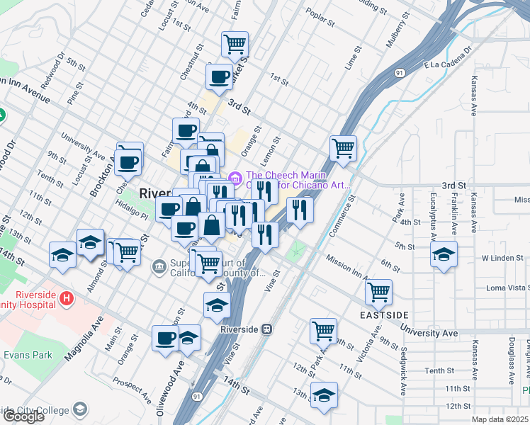 map of restaurants, bars, coffee shops, grocery stores, and more near 3398 Mission Inn Avenue in Riverside