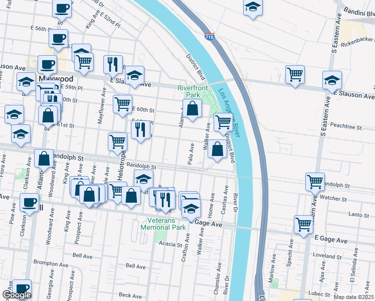 map of restaurants, bars, coffee shops, grocery stores, and more near 6144 Alamo Avenue in Maywood