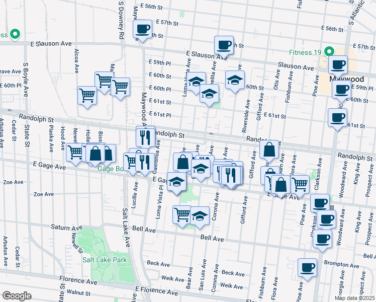 map of restaurants, bars, coffee shops, grocery stores, and more near 6237 Carmelita Avenue in Bell